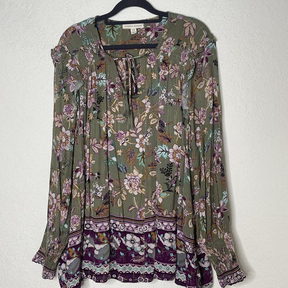 Farmers Market Long Sleeve Floral Top w/ Cami Sz 2X Ruffled Boho Multicolor